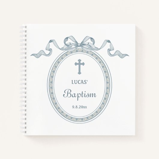 Dusty Blue Bow Griechischer Rahmen Taufe Gästebuch Notizblock (Vorderseite)
