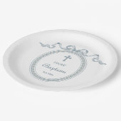 Dusty Blue Bow griechischer Rahmen Taufe Pappteller (Schrägansicht)