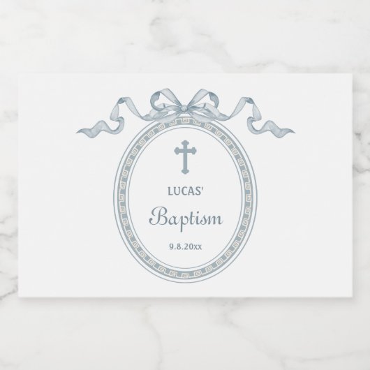 Dusty Blue Bow griechischer Rahmen Taufe Schaumweinetikett (Einzelnes Label)