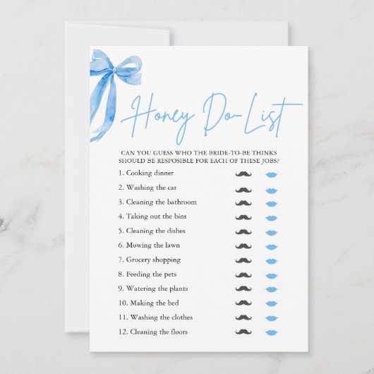 Dusty Blue Bow Honey Do List Brautparty Game Einladung (Vorderseite)