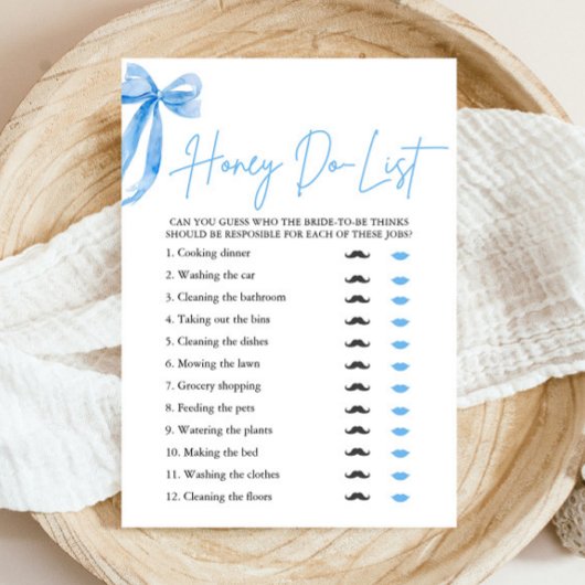 Dusty Blue Bow Honey Do List Brautparty Game Einladung