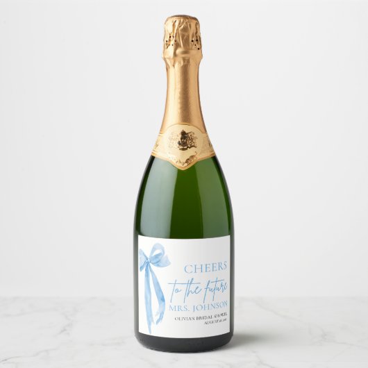 Dusty Blue Bow jubelt für das zukünftige Brautpart Schaumweinetikett (Vorderseite)