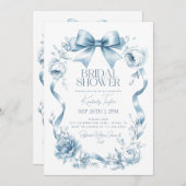 Dusty Blue Bow Ribbon Floral Blume Brautparty Einladung (Vorne/Hinten)