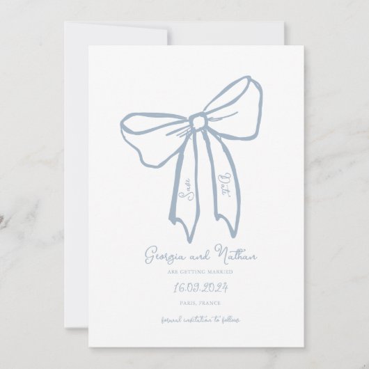 Dusty Blue Bow Save the Date Einladung (Vorderseite)