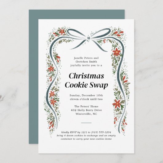 Dusty Blue Bow und Poinsettias Weihnachtsfeiertag Einladung (Vorne/Hinten)