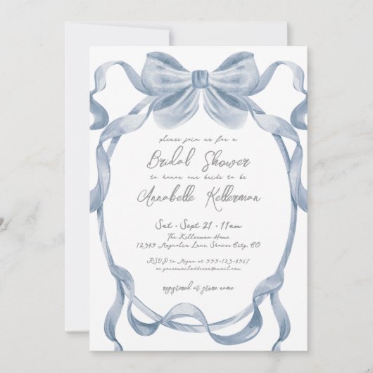 Dusty Blue Bow Vintag Brautparty Einladung (Vorderseite)