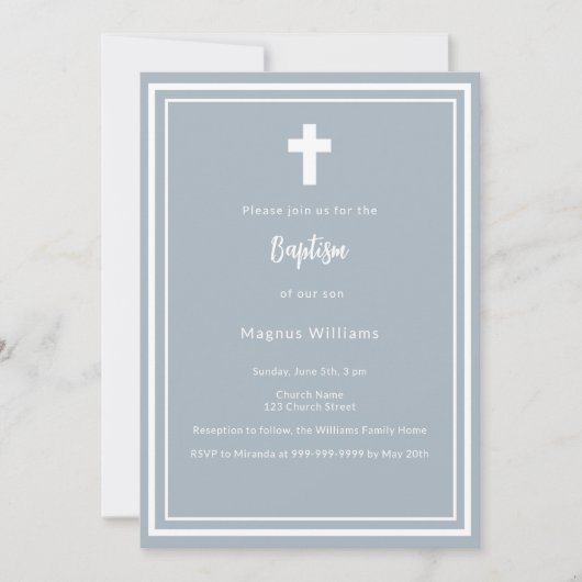 Dusty Blue Boy Baptisk Einladung (Vorderseite)