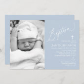 Dusty Blue Boy Baptism Foto Einladung (Vorne/Hinten)