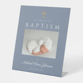 Dusty Blue Boy Baptisse Foto Willkommen Sockelschild