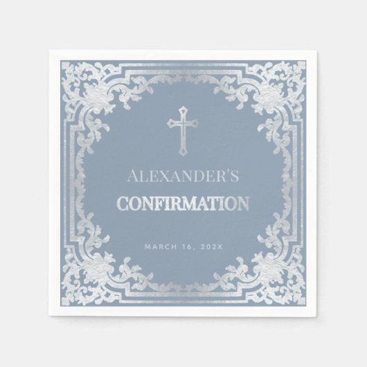 Dusty Blue Boy Confirmation Elegante Imitate Silve Serviette (Vorderseite)