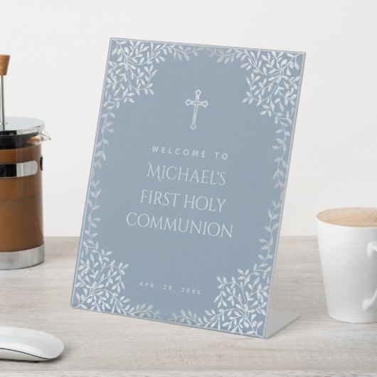 Dusty Blue Boy First Communion - Begrüßungs-Blätte Sockelschild (In SItu)