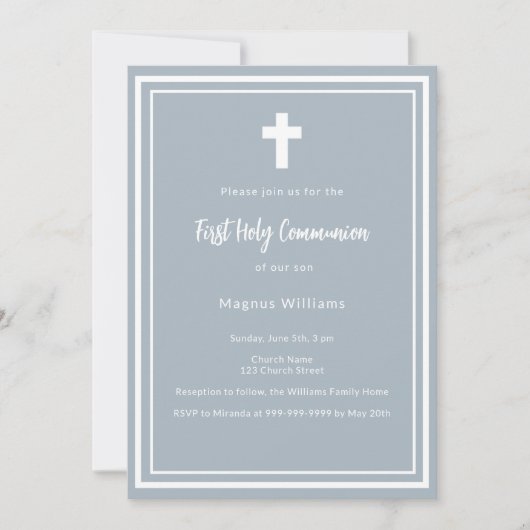 Dusty blue boy First Holy Communion Einladung (Vorderseite)