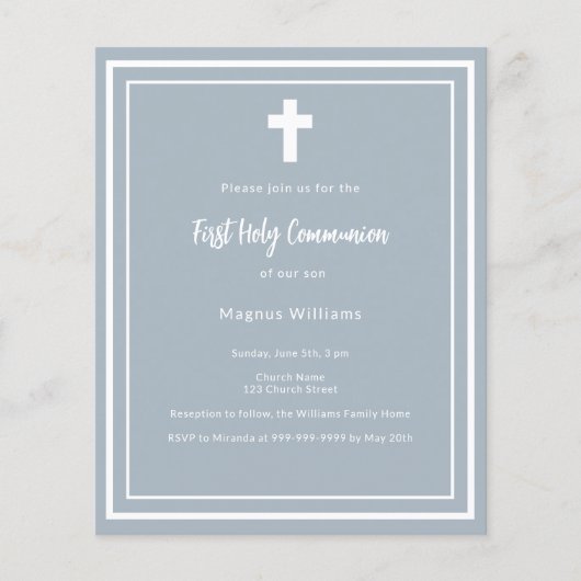 Dusty blue boy First Holy Communion Einladung (Vorderseite)