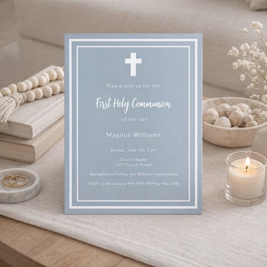 Dusty blue boy First Holy Communion Einladung