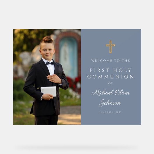 Dusty Blue Boy Foto Erstkommunion Willkommen Acrylschild (Vorderseite)