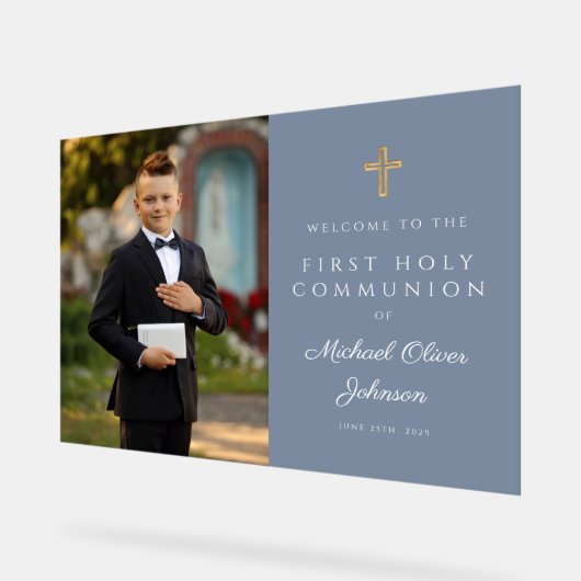 Dusty Blue Boy Foto Erstkommunion Willkommen Acrylschild (Winkel)