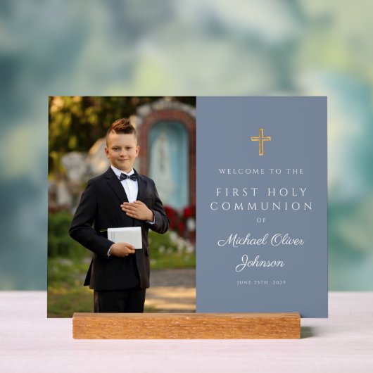 Dusty Blue Boy Foto Erstkommunion Willkommen Acrylschild (Neutral)