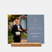 Dusty Blue Boy Foto Erstkommunion Willkommen Acrylschild (Vorderseite)