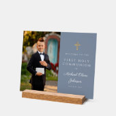 Dusty Blue Boy Foto Erstkommunion Willkommen Acrylschild (Winkel)