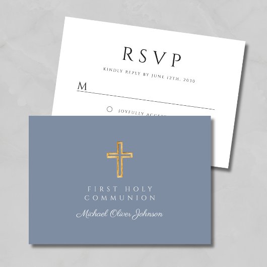 Dusty Blue Boy Religious Cross First Communion RSVP Karte