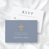 Dusty Blue Boy Religious Cross First Communion RSVP Karte