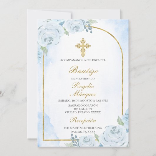 Dusty blue boy Taufe Spanische Einladung (Vorderseite)