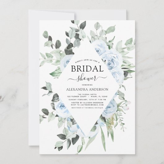 Dusty Blue Brautparty Blumengrün Einladung (Vorderseite)