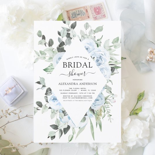 Dusty Blue Brautparty Blumengrün Einladung