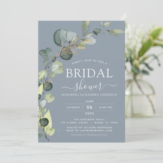 Dusty Blue Brautparty Botanical Eucalyptus Boho Einladung (Stehend Vorderseite)