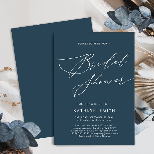 Dusty Blue Brautparty Elegantes Script Minimalisti Einladung