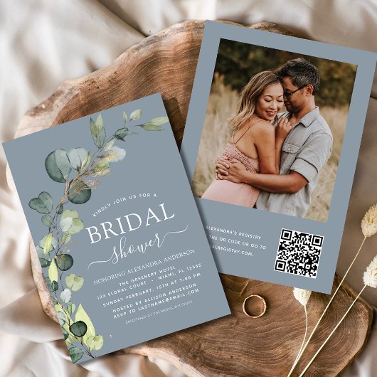 Dusty Blue Brautparty QR Code Foto Eukalyptus Einladung