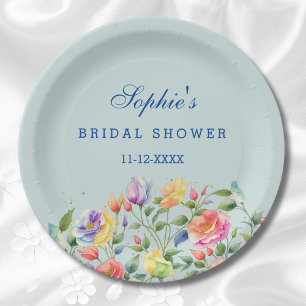 Dusty Blue Bright Floral Pink Roses Brautparty Pappteller