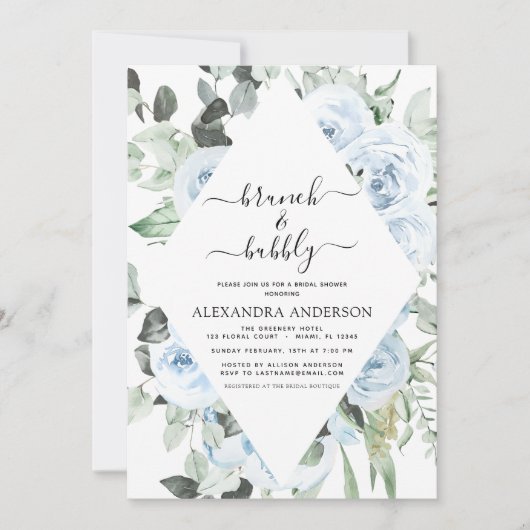 Dusty Blue Brunch & Bubbly Brautparty Einladung (Vorderseite)