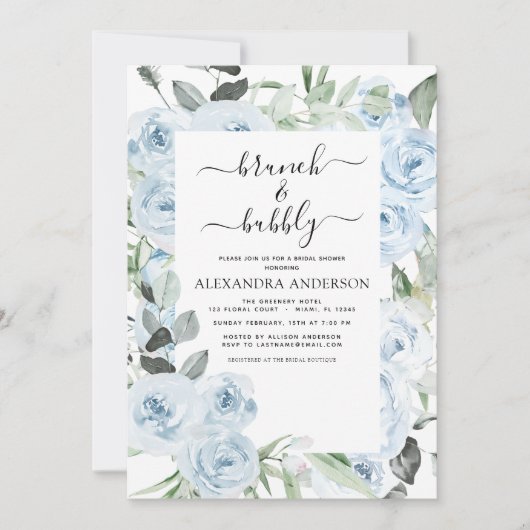Dusty Blue Brunch & Bubbly Brautparty Einladung (Vorderseite)