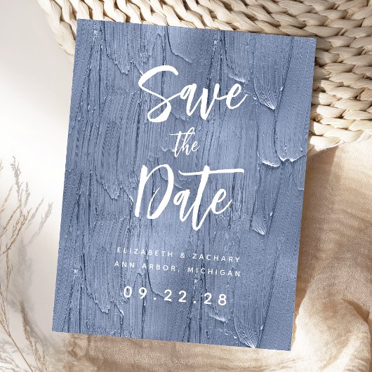 Dusty Blue Brush Strokes QR-Code Save the Date Ankündigungspostkarte