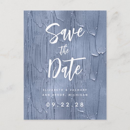 Dusty Blue Brush Strokes QR-Code Save the Date Ankündigungspostkarte (Vorderseite)