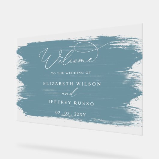 Dusty Blue Brush Strokes Wedding Willkommen Acrylschild (Winkel)