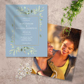 Dusty Blue Budget Foliage Wedding Foto Einladung