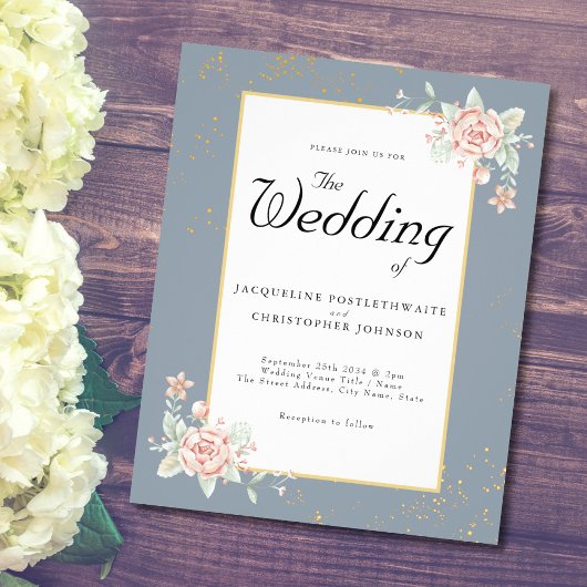 Dusty Blue Budget Hochzeit Einladung Pink Peony Flyer