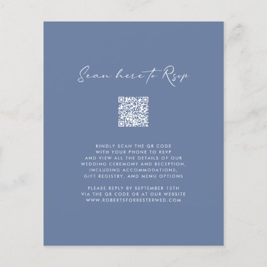 Dusty Blue Budget QR Code Monogram Wedite Einladun (Rückseite)