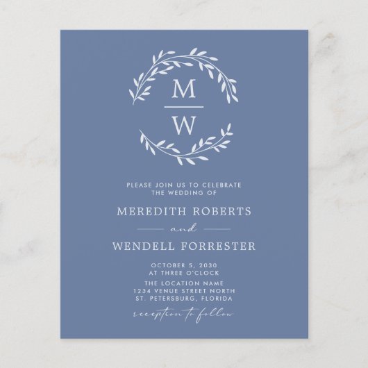 Dusty Blue Budget QR Code Monogram Wedite Einladun (Vorderseite)