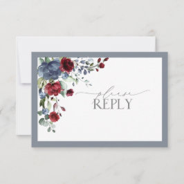 Dusty Blue Burgund Red Floral Watercolor UAWG RSVP Karte
