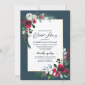 Dusty Blue Burgundy Bloom Geometric Brautparty Einladung (Vorderseite)