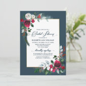 Dusty Blue Burgundy Bloom Geometric Brautparty Einladung (Stehend Vorderseite)