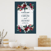 Dusty Blue Burgundy Bloom Wedding Begrüßungszeiche Poster (Küche)