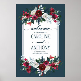 Dusty Blue Burgundy Bloom Wedding Begrüßungszeiche Poster