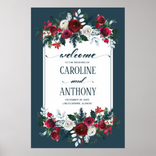 Dusty Blue Burgundy Bloom Wedding Begrüßungszeiche Poster