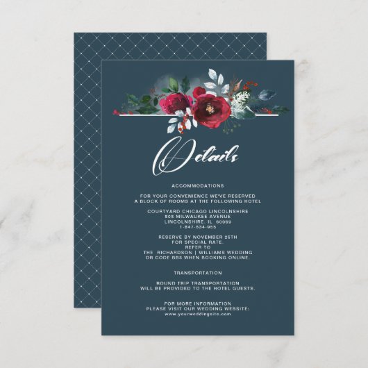 Dusty Blue | Burgundy Bloom Wedding Details Cards Einladung (Vorne/Hinten)