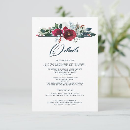 Dusty Blue | Burgundy Bloom Wedding Details Cards Einladung (Stehend Vorderseite)