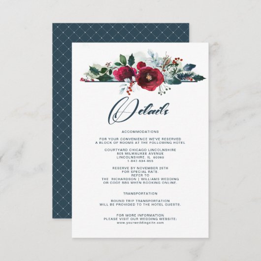 Dusty Blue | Burgundy Bloom Wedding Details Cards Einladung (Vorne/Hinten)